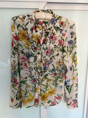 H&M Cream Floral Ruffle Tie-Neck Blouse